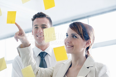 Buy stock photo Business people, glass wall and sticky note for planning, brainstorming for a project and schedule. Staff, meeting and agency with a deadline or cooperation with startup or collaboration with ideas