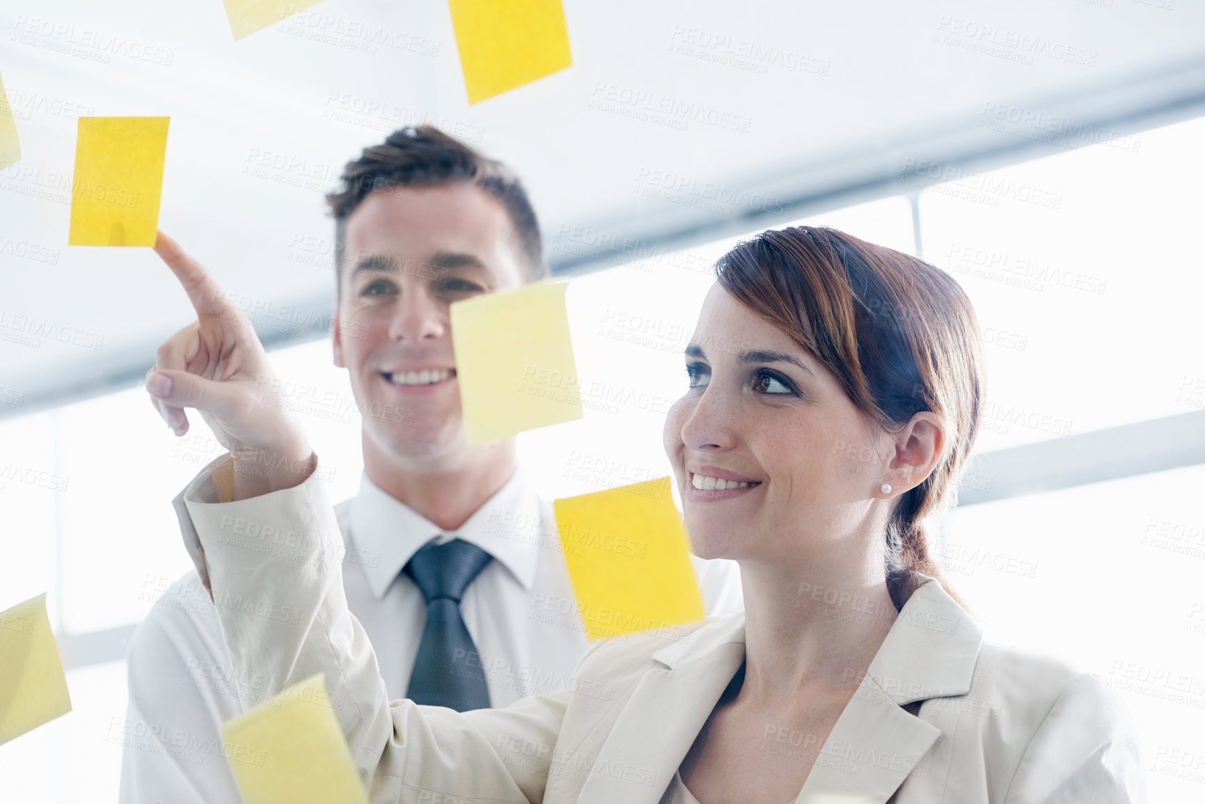 Buy stock photo Business people, glass wall and sticky note for planning, brainstorming for a project and schedule. Staff, meeting and agency with a deadline or cooperation with startup or collaboration with ideas