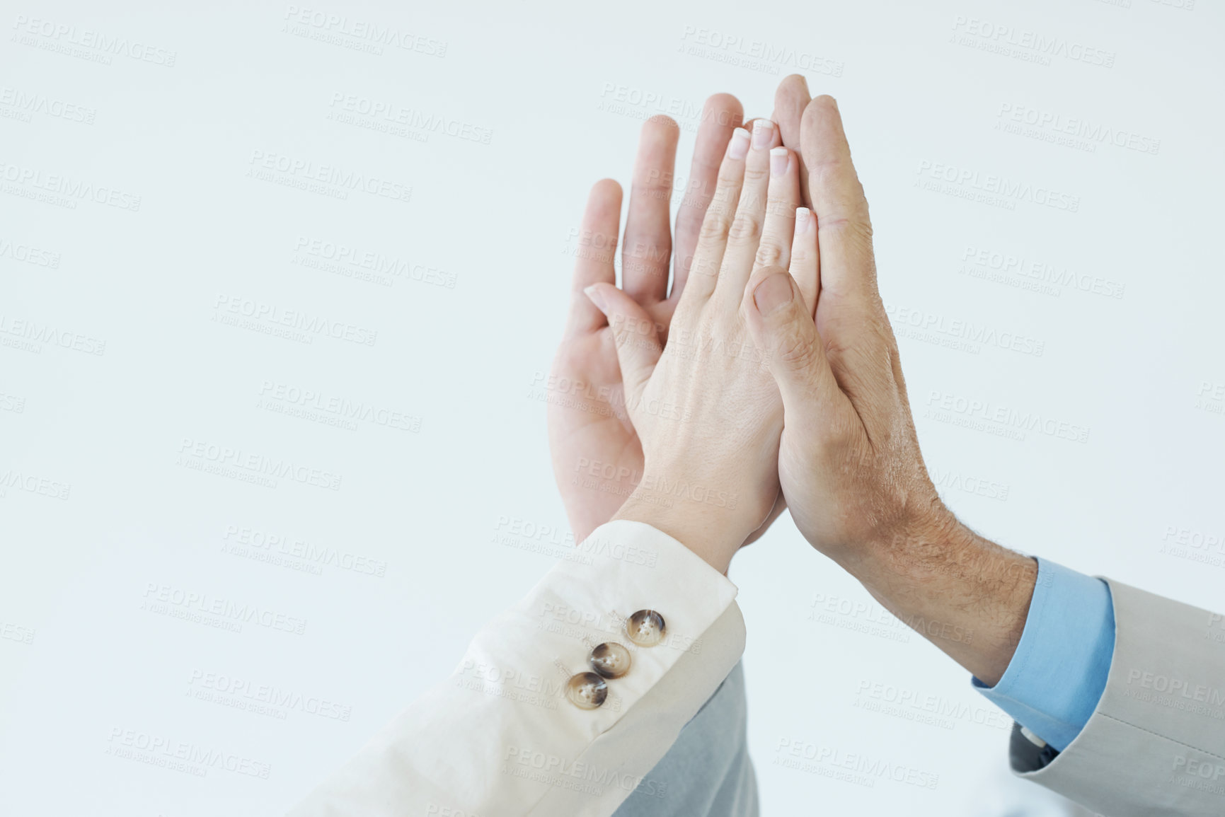 Buy stock photo Hands, high five and people with celebration of success, achievement and support for teamwork. Business, collaboration and team building gesture for cooperation, solidarity and pride for winning  