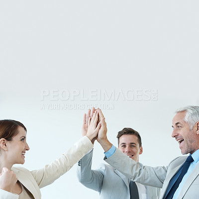 Buy stock photo Business, people high five for celebration of success, achievement and support for teamwork. Happy, collaboration and team building gesture with hands together in solidarity and pride for winning