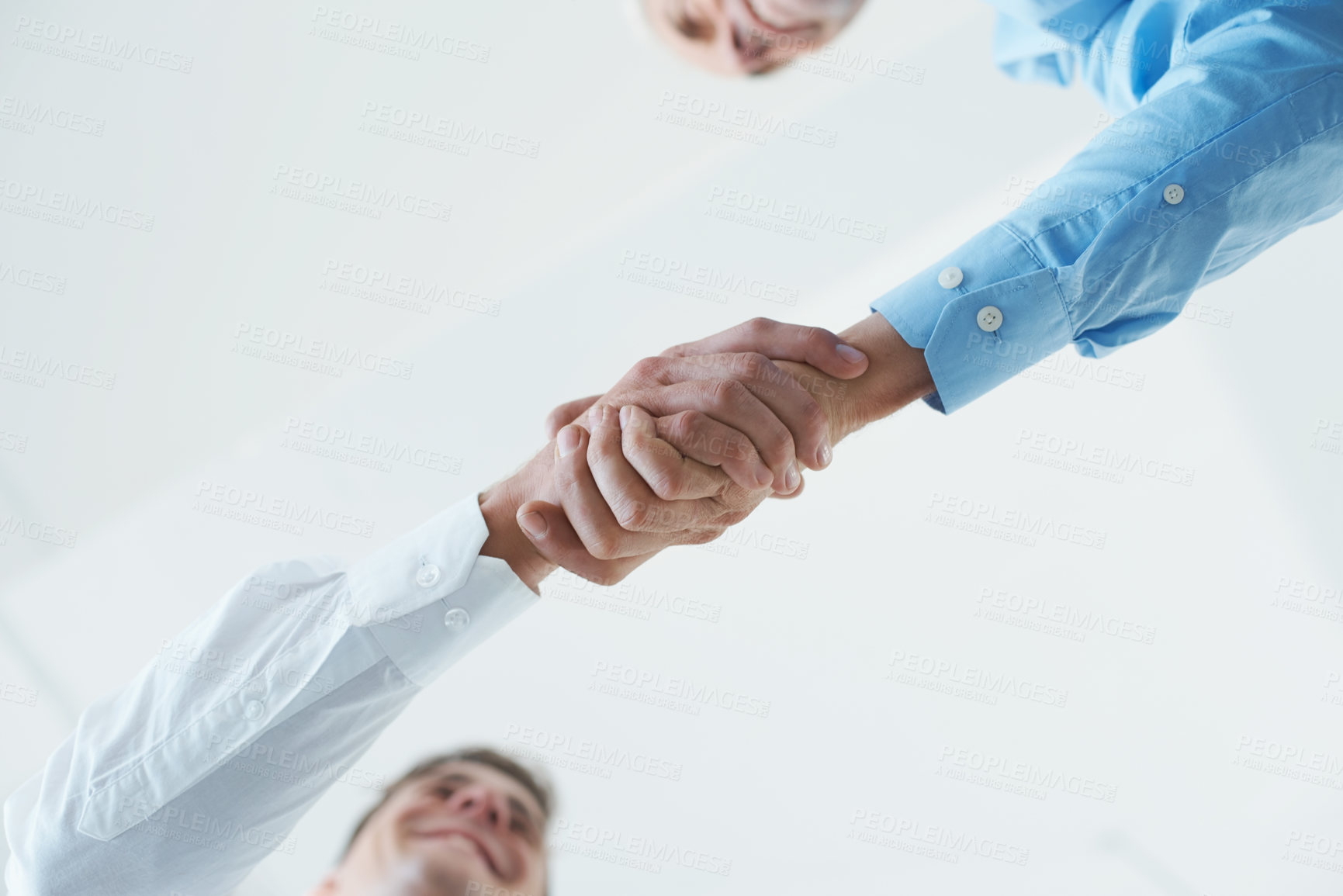 Buy stock photo Low angle, business people and handshake with partnership, teamwork and agreement. Staff, shaking hands and thank you with mockup space and cooperation for a project or collaboration with recruitment