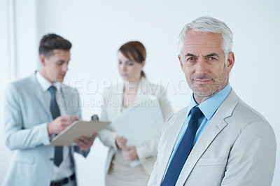 Buy stock photo Businessman, office and portrait with employee, planning and teamwork. Ceo, manager and team for meeting, discussion and collaboration with mentor, hiring or onboarding for corporate recruitment