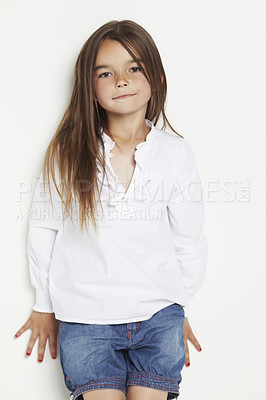 Buy stock photo Portrait, children and fashion with a girl in studio isolated on a white background for trendy youth style. Kids, clothes and youth with a cute female child posing indoor in a fashionable outfit