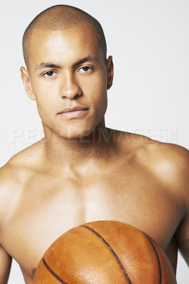 Buy stock photo Serious, shirtless and portrait of a man with a basketball for sport, exercise and a game. Fitness, model and a professional player ready for sport isolated on a white background in a studio