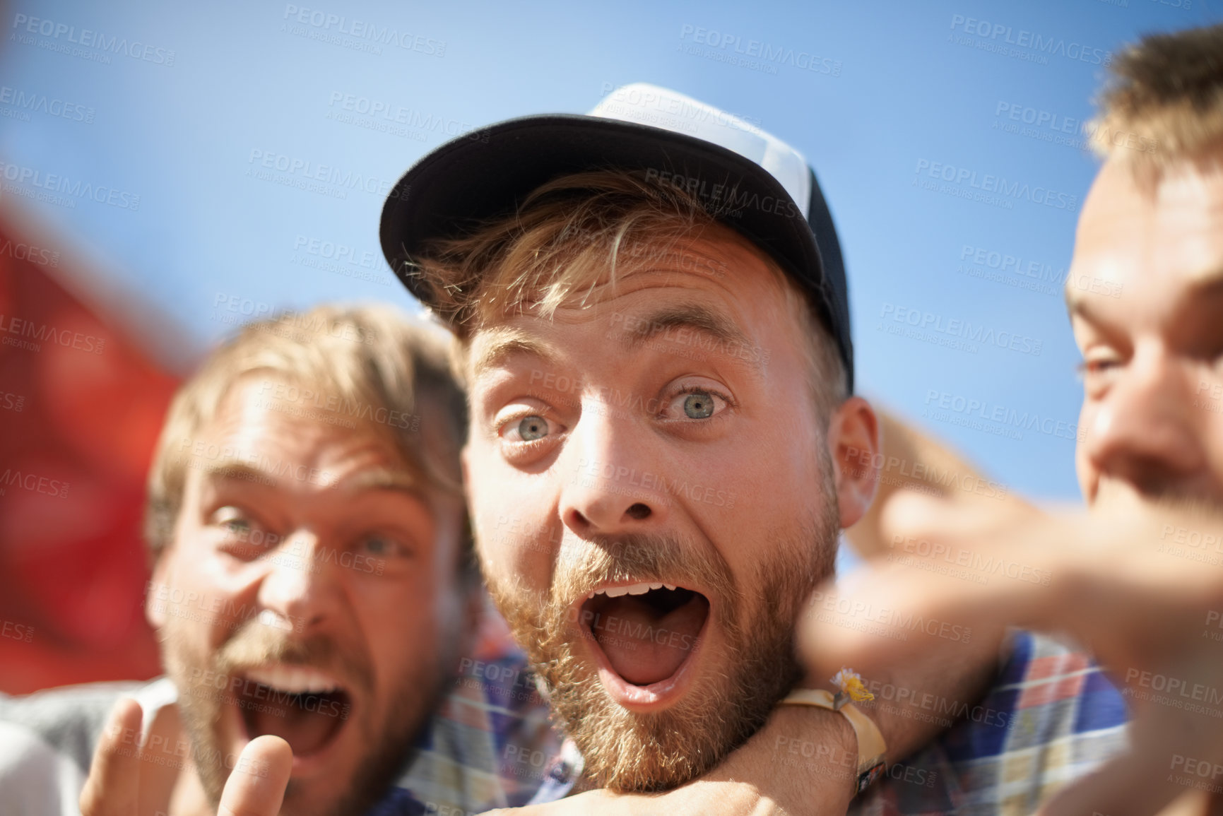 Buy stock photo Men, excited and portrait of friends at music festival, event and smile at social gathering. Face, happy and group of people at party, carnival or concert for celebration together outdoor in a cap