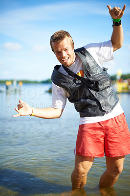 Buy stock photo Portrait, Man and outdoor with shaka in water with happiness, river fun for summer holiday in Australia. Hot day, lake and vacation for nature activity with leisure to relax and enjoy sunny day. 
