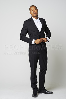 Buy stock photo Formal suit, corporate fashion and business man portrait with confidence and blazer in studio. African male person, model and professional style and modern worker clothing with gray background 