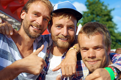 Buy stock photo Men, thumbs up and portrait at outdoor festival in nature, excited and happy for bonding together. Friends, face and reunion in summer on holiday adventure and yes approval at carnival in denmark