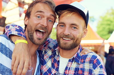 Buy stock photo Hug, friends and excited in portrait at festival in nature, reunion and bonding together on holiday. Men, face or happiness on vacation in forest or danish music culture at annual concert in denmark