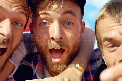 Buy stock photo Men, excited and portrait at outdoor festival in nature, celebration and happiness for bonding together. Friends, face and reunion in summer on holiday adventure and closeup at carnival in denmark