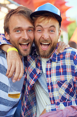 Buy stock photo Happy, men and celebration in portrait at festival, forest and reunion for bonding together on holiday. Friends, face and excited on vacation in woods and danish music culture at  concert in denmark