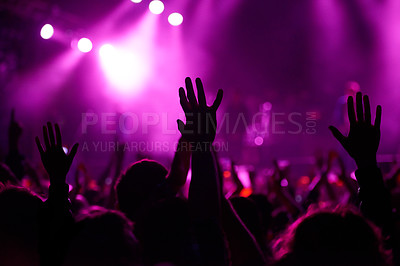 Buy stock photo Hands, crowd and silhouette at music festival with dancing for rock party at concert with stage lights, nightclub or dj. People, dance floor and holiday event in summer for entertainment, dark or fun