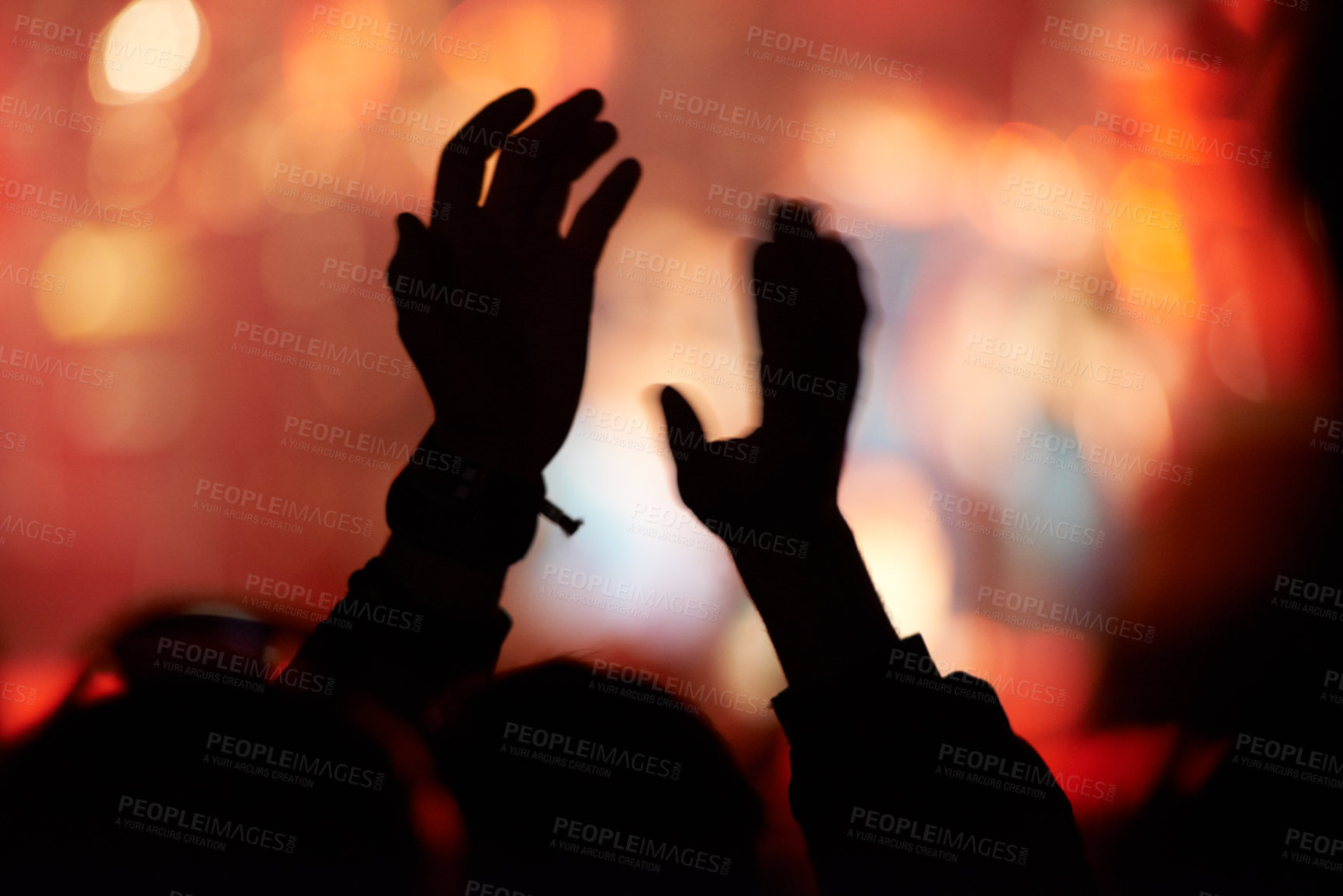 Buy stock photo Silhouette, hands and clap at music festival for concert entertainment for celebration, news years or carnival. Person, fingers and stage lights for live performance or crowd holiday, night or event