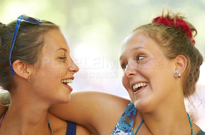 Buy stock photo Friends, happy and smile in nature for connection, bonding and unity outdoors together in forest. Female people, closeup and affection with joy for walking, socialising and adventure in Canada