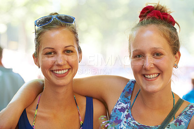 Buy stock photo Festival, friends and portrait of women hug outdoors on holiday, vacation and music party in nature. Happy, smile and face of people embrace for fun and relax together on adventure, disco and trip