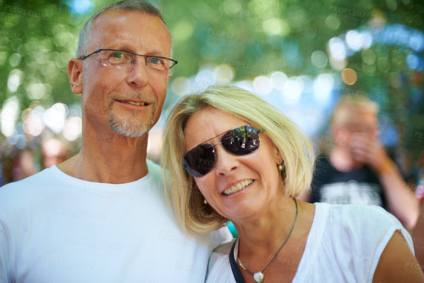 Buy stock photo Senior couple, portrait and happy at music festival in nature, excited and bonding with love in forest. Mature man, woman and smile on face at summer carnival and care on retirement holiday in europe