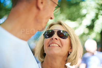 Buy stock photo Senior couple, romantic and care in outdoor in nature, happy and bonding together in forest on holiday. Mature man, woman or respect on summer adventure for celebration or love on honeymoon in europe