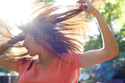 Buy stock photo Woman, dancing or happy in nature with energy, wellness or celebration for fresh air in forest. Person, dancer or creative with body movement for fitness, fun or outdoor adventure on summer vacation