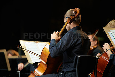 Buy stock photo Person, violin and live music for event, concert and orchestra  together with talent, professional. People, entertainment and cello notes for performance and stage indoors, art and hand for melody