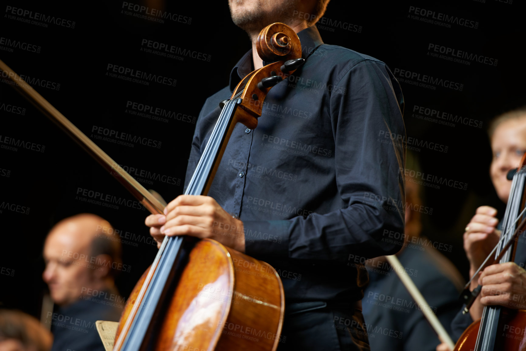 Buy stock photo People, studio and concert by orchestra, event and live music together with talent, professional. Creative, entertainment and song notes for performance and stage indoors, art and hand for melody