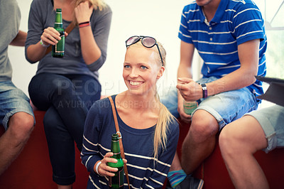 Buy stock photo Smile, beer and woman with group of friends for party, celebration or happy adventure together. Smile, drinks and girl on vacation event, relax and bonding with alcohol at holiday festival in Munich.