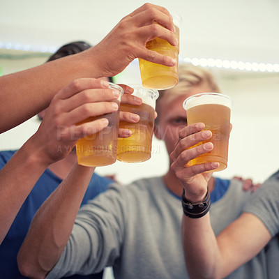 Buy stock photo Hands, beer and group of friends cheers for party, celebration or adventure together. Fun, drinks and toast, men on vacation to relax and bonding with alcohol at holiday event at Munich festival.