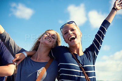 Buy stock photo Women, smile and arms up against blue sky with freedom, joy and bonding during Spring Break in USA. Female students, best friends or girls with hands, sunshine and mockup at weekend in summer