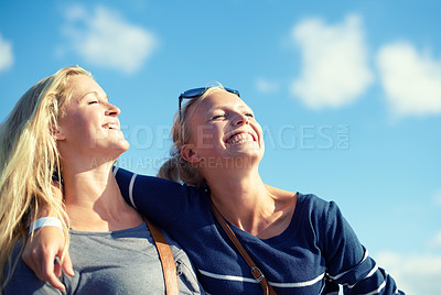 Buy stock photo Girl, friends and happy hug with blue sky, fresh air and sunshine for mindfulness with peace. Woman, summer and outdoor to tour on vacation in Washington dc, happiness and laugh with bottom view