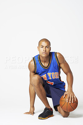 Buy stock photo Portrait, sports and jersey with basketball player man in studio isolated on white background for game. Fitness, exercise or training with confident young pro athlete in uniform for court workout