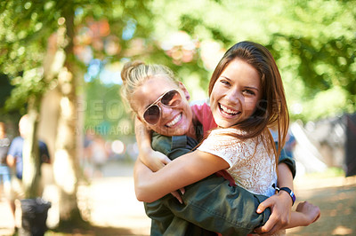 Buy stock photo Portrait, women or happy friends hug at music festival outdoor, event or bonding at concert. Face, embrace or girls together at party for celebration, carnival or smile of people having fun in nature