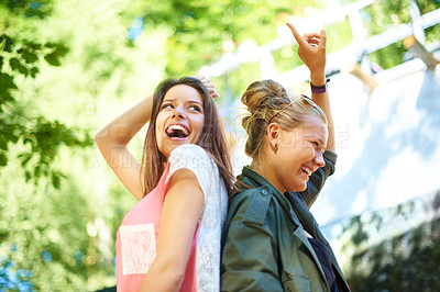 Buy stock photo Friends, excited and women dance at music festival outdoor, bonding and having fun together at summer event. Laughing, happy and girls moving at party for celebration, carnival or concert in nature