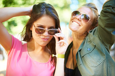 Buy stock photo Portrait, friends and happy women at music festival in sunglasses, bonding and fun together at summer event. Face, outdoor and smile of girls at party for celebration, carnival or concert in nature