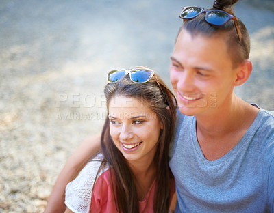 Buy stock photo Love, smile and couple together outdoor, relax and celebration at event on valentines day date for relationship in summer. Happy, man and woman with sunglasses, embrace and party at music festival