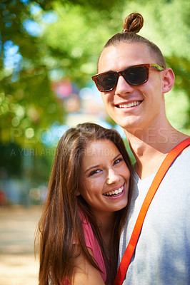 Buy stock photo Portrait, happy and couple at music festival outdoor, event and celebration on valentines day together in summer. Face, woman and smile of man in sunglasses, party and carnival for love in nature