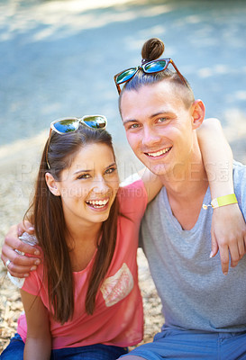 Buy stock photo Portrait, smile or couple hug at music festival, event or celebration on valentines day together in summer. Face, man or happy woman with sunglasses, embrace or party outdoor for love in relationship