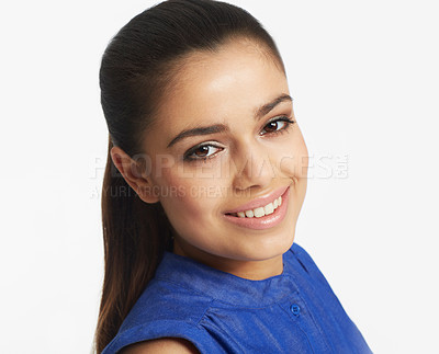 Buy stock photo Woman, portrait and smile with confidence in studio as law attorney or business professional, white background or mockup space. Female person, model and face in Mexico for corporate, happy or career