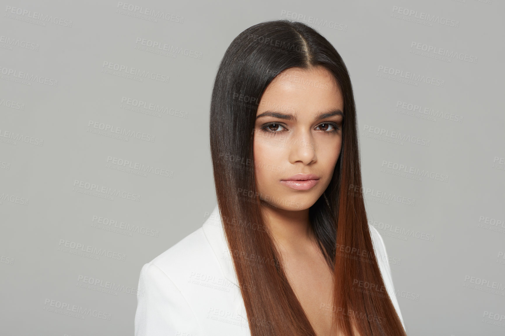 Buy stock photo Portrait, beauty and hair with natural woman in studio isolated on gray background for shampoo treatment. Face, aesthetic and salon with confident young model at hairdresser for keratin haircare
