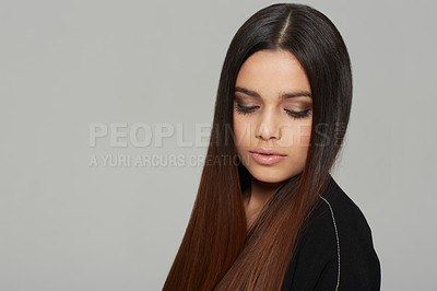 Buy stock photo Face, beauty and hair with natural woman in studio isolated on gray background for shampoo treatment. Mockup, aesthetic and salon with confident young model at hairdresser for keratin haircare