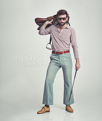 Buy stock photo Vintage, man and saddle with riding crop in studio for hobby, leisure and confidence with sunglasses. Equestrian, person and 70s style, hipster clothes or retro outfit for fashion on white background
