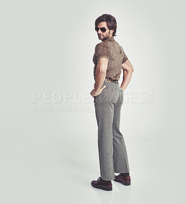 Buy stock photo Man, retro and confident in studio for vintage fashion, sunglasses and unique trendy clothes for gen x feel. Male person, old school and antique style for classic look isolated on white background