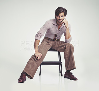 Buy stock photo A young man dressed in 70's style clothing - isolated
