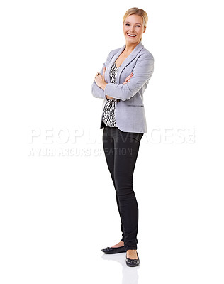 Buy stock photo Full length studio shot of a young woman with her arms crossed isolated on white