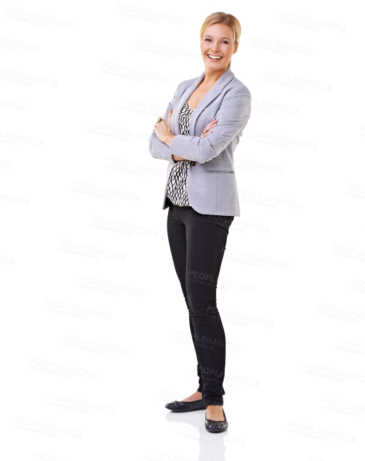 Buy stock photo Full length studio shot of a young woman with her arms crossed isolated on white