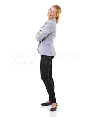 Buy stock photo Portrait, smile and arms crossed with business woman in studio isolated on white background for comedy. Happy, funny or laughing with confident young employee in professional suit for corporate work