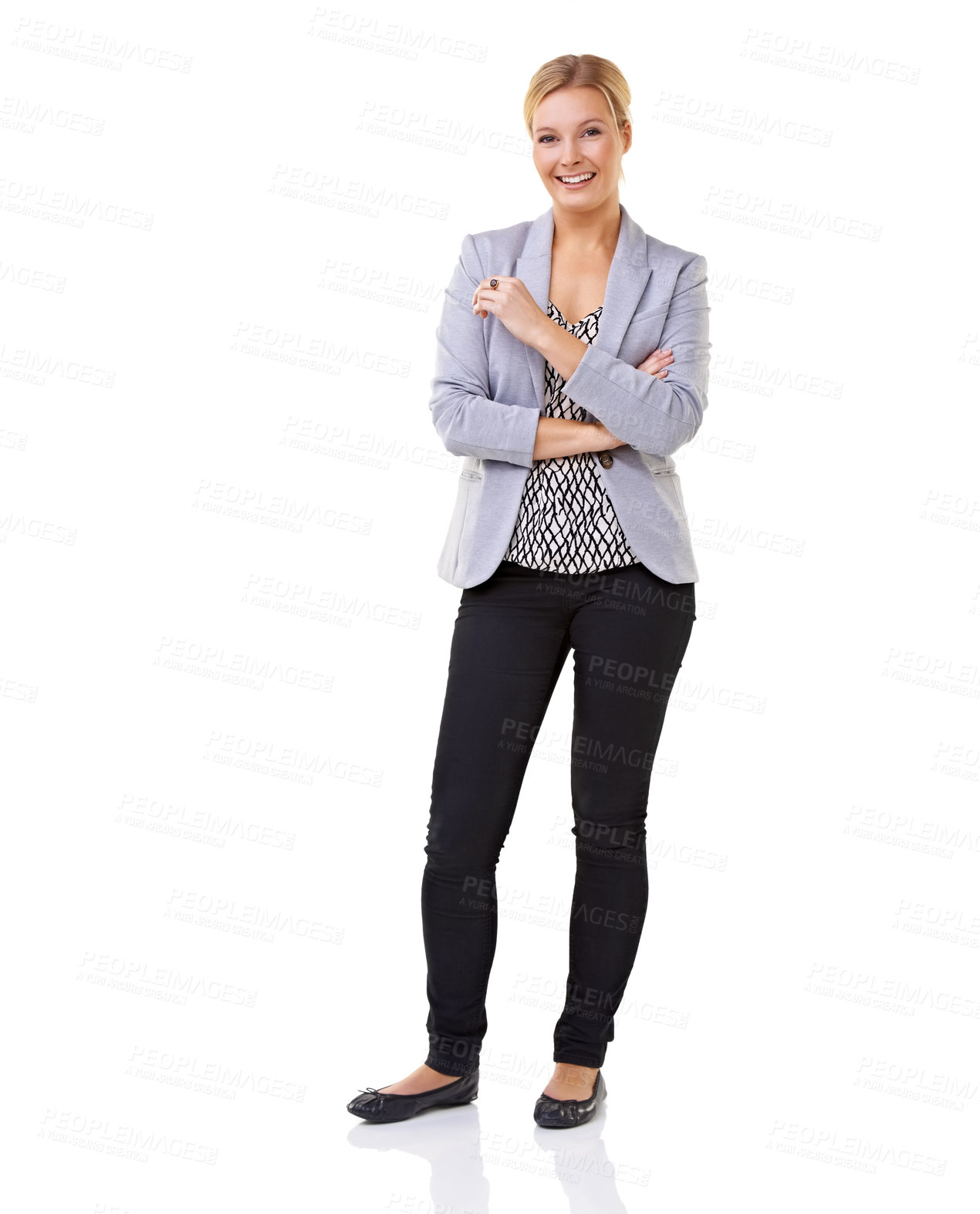 Buy stock photo Portrait, smile and confident business woman in studio isolated on white background for professional career. Job satisfaction, body language and suit with happy young employee in corporate fashion