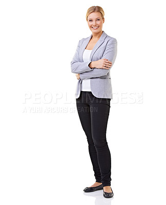 Buy stock photo Business woman, white background and studio with smile, winning and hills with arms crossed. Professional female, formal and happy for startup, company and promotion while standing by portrait 