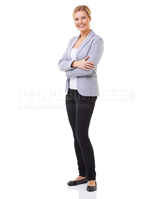 Buy stock photo Business woman, white background and studio with smile, pumps and arms crossed. Professional female executive, formal and happy for startup, company and confidence while standing by portrait 