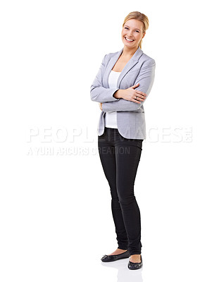 Buy stock photo A beautiful woman standing and smiling -  studio shot