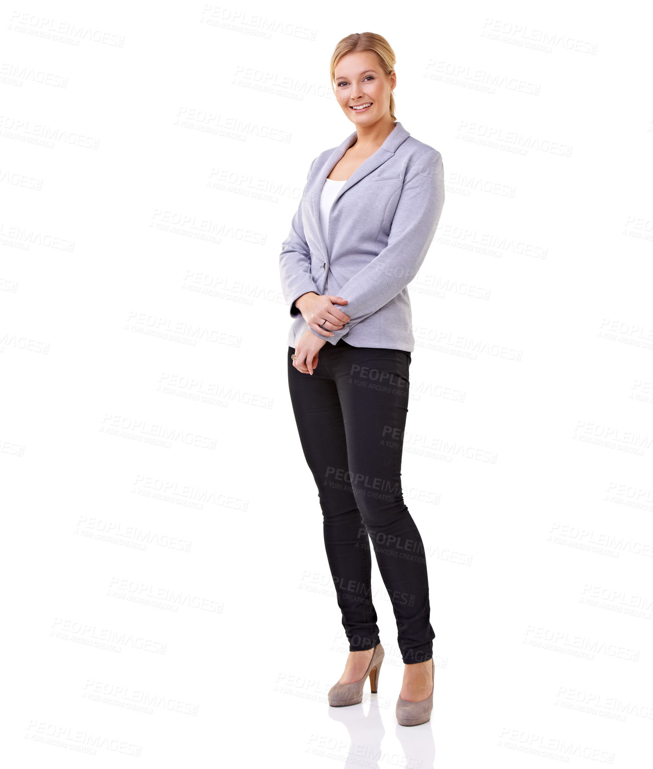 Buy stock photo Business lady, white background and portrait with smile, mockup and blazer with confidence. Female employee, formal and studio for startup, company and smart while standing by space as professional