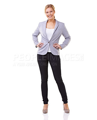 Buy stock photo Entrepreneur woman, white background and confidence with smile, formal and blazer. Professional female, studio, business and happy for corporate, company and elegant while standing portrait 